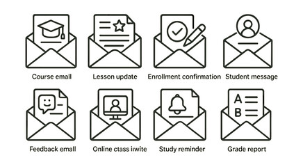 Set of linear education email icons: course, feedback, enrollment, and more