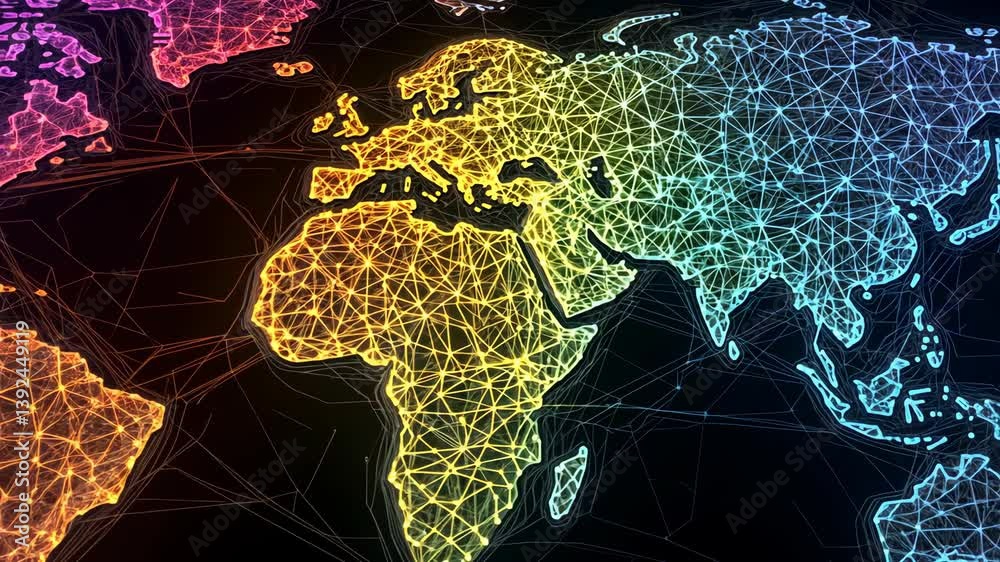 Poster abstract world map with connected lines, colorful continents with triangular shapes, digital global 