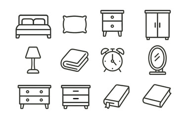 Linear bedroom essentials icon set: bed, pillow, nightstand, wardrobe, lamp, and more