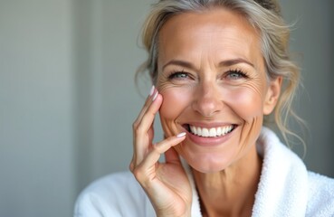 Happy smiling senior woman in bathrobe at spa hotel. Elderly lady touching face, looking at camera. Anti-age spa procedures, skin care products concept. Positive emotions. Joyful mature female.