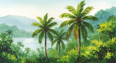 Luminous Greens: A Watercolor Escape to Paradise AI Generated