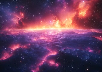 Fototapeta premium Cosmic Nebula Landscape Fiery Skies with Glowing Mountains.