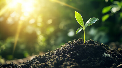 Green seedlings growing in fertile soil under sunlight with natural bokeh, symbolizing growth, sustainability, and organic nature themes for eco projects and seasonal designs

