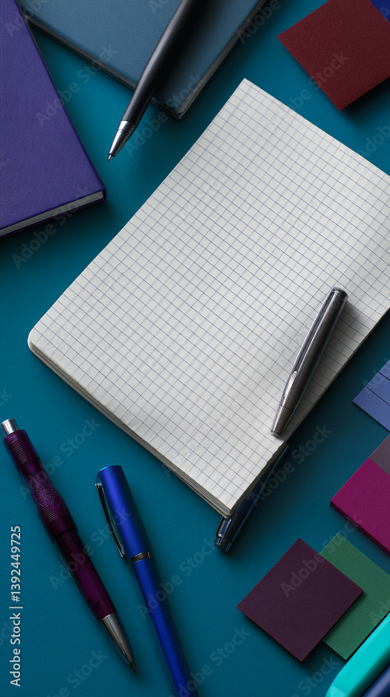 Poster Blank grid notebook surrounded by pens and colored notepads on teal background, showcasing a workspace mockup with free space for text or branding