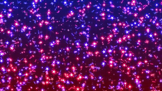 Glowing star-shaped particles in red and blue hues fill the screen, creating a vivid celebratory background perfect for patriotic visuals, festive VJ loops, or themed motion design