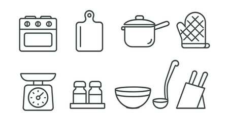 Minimalistic kitchen essentials: linear icon set for cooking and baking projects