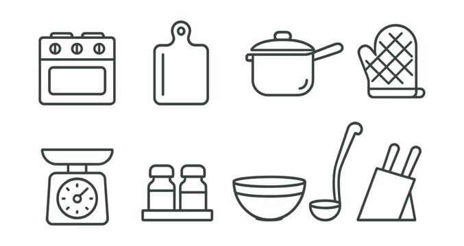 Minimalistic kitchen essentials: linear icon set for cooking and baking projects