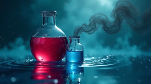 Enigmatic Glass Vessels Containing Vibrant Elixirs Float Serene Upon a Mysterious Teal Surface, a Wisp of Smoke Ascending from One