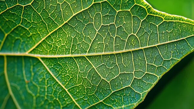 Detailed macro shot of a green leaf with intricate yellow veins showing the detailed cell structure and natural patterns