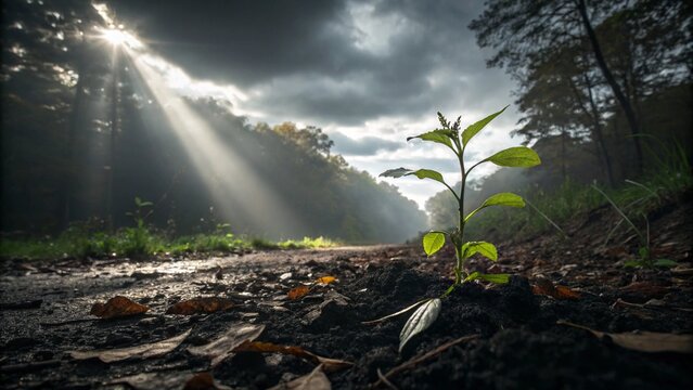 "Muda solit&aacute;ria em solo escuro com raios de luz atravessando as nuvens" Uma pequena planta lutando para crescer no meio de folhas ca&iacute;das e solo &uacute;mido. Luz dram&aacute;tica vindo do c&eacute;u simboliza esperan&ccedil;a em