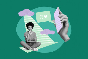 Creative banner collage of person with hand show cell phone zero likes on green background