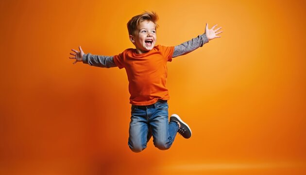 Joyful young boy jumps in air against vibrant orange backdrop. Smiling, happy child expresses delight, celebrates. Studio shot of kid fun, freedom, energy, movement. Childhood joy, positive emotion.