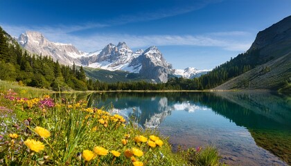 lake and mountain with flowers