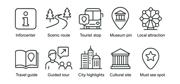 Tourist attraction icons set for travel guides and itineraries: linear style