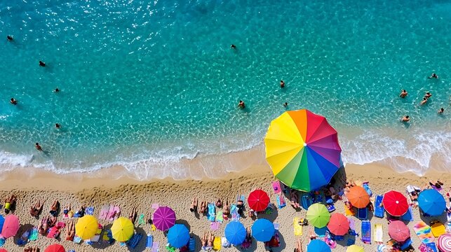 Aerial View of a Vibrant Beach with Rainbow Umbrella and Turquoise Water