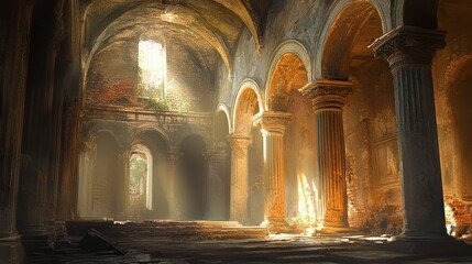 Atmospheric ruined temple with architectural arches and ethereal light shafts