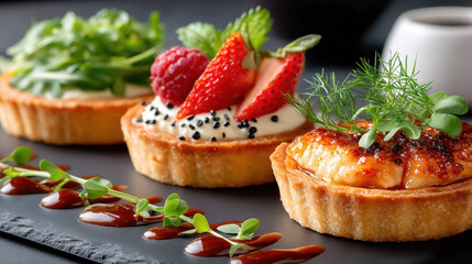 Gourmet tartlets with fresh toppings on slate platter, featuring vibrant greens, fruits, and caramelized details