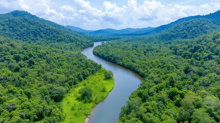Aerial View of Lush Green Rainforest and Winding River
