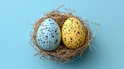 Obraz premium Two speckled eggs nestled in a straw nest
