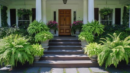 Naklejka premium A beautiful house entrance with abundant lush green foliage plants
