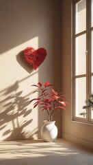 Red heart decor plant pot sunny room corner warm light minimalist design