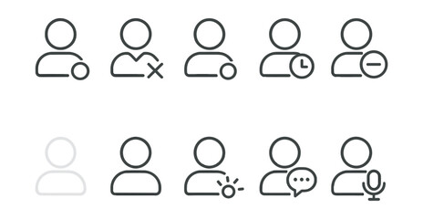 User status icons set: linear style featuring presence, absence, and interaction symbols