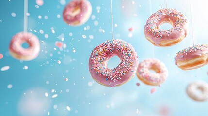 National Doughnut Day Concept. Hanging Donuts with Pink Frosting and Sprinkles