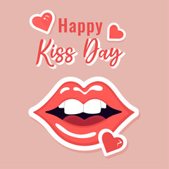 Vector illustration for Kiss Day with red lips, cute hearts, and stylish text. Perfect for Valentine's Day cards, posters, romantic designs, and social media graphics.