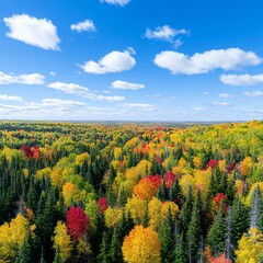 Obraz premium Aerial View of Vibrant Autumn Forest Under Blue Sky