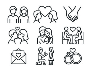 Romantic relationship icon set: flat linear design featuring love and unity symbols