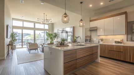 Modern kitchen with wood and white finishes, open to living area