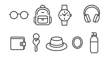 Minimalist linear icons set: clothing, accessories, and personal items