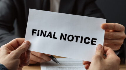Close up of hands holding final notice letter, symbolizing urgency and financial stress