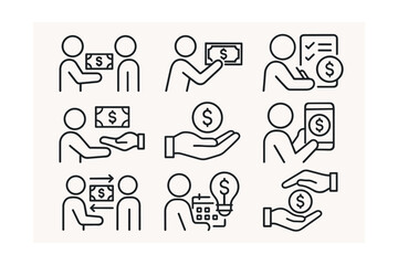 Fototapeta premium Business transaction icons set: handshake, payment, investment & contract symbols in linear style