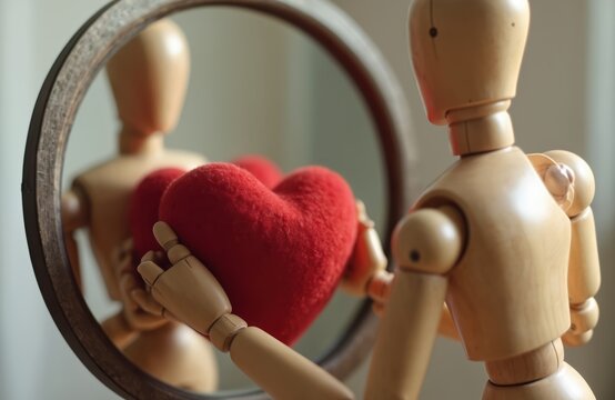 Wooden mannequin holding red heart looking at self in mirror. Self-love concept. Mental health, well-being theme. Symbol of self-acceptance. Idea about mindfulness therapy self-care.