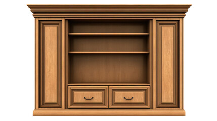 Wooden Cabinet Interior: The stunning architectural wooden cabinet showcases a warm interior, with an intricate design of shelves and drawers, capturing elegance in a room setting.
