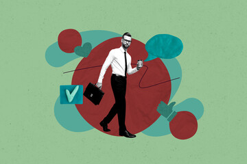 Poster surreal collage of person with 3d check mark icon like comment on green background