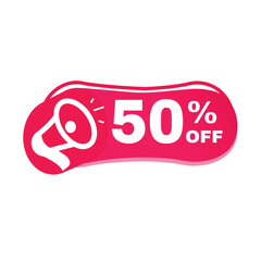 50 percent off, vector element, banner symbol modern design with megaphone label icon. Red graphic sign.