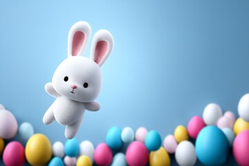 A joyful Easter bunny surrounded by numerous vibrant Easter eggs, available in stock