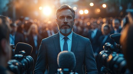 Business executive giving a press conference with copy space on the bottom, under professional lighting, with media presence.