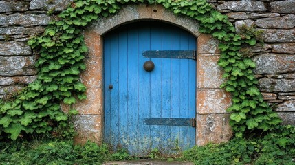 Aged, blue door framed by stone wall, vibrant green ivy
