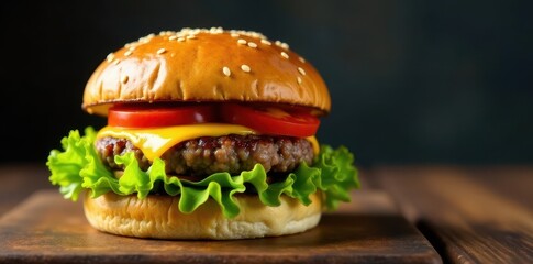 Juicy beef patty on a toasted bun with melted cheese and fresh lettuce , burger, delicious