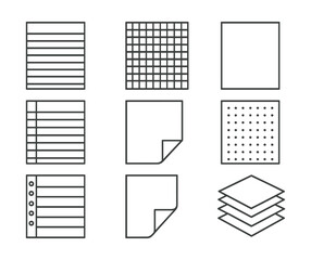 Set of 9 linear paper icons representing various notebook and document styles