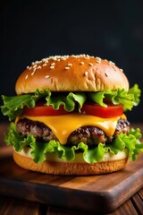 Juicy burger patty sandwich with melted cheese between a toasted bun and topped with lettuce and tomato slices, restaurant food, food on plate