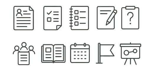 Essential document icons set in linear style for office and education use