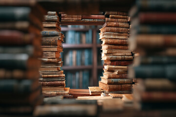 Stacks of antique books frame a glimpse of a library, showcasing aged textures and suggesting knowledge, history, and the pursuit of learning