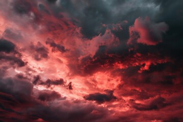 Dramatic red and black storm clouds fill the sky with a menacing yet beautiful mood