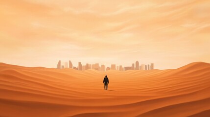 Fototapeta premium A dystopian wasteland after Armageddon, remnants of civilization buried under sand, lone survivor walking through the ruins