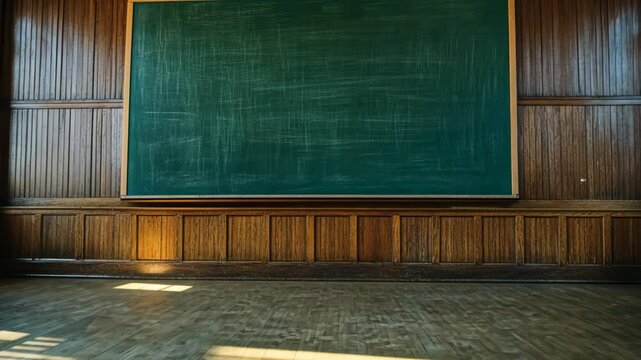 Empty classroom with vintage wood paneling and large green chalkboard creating a sense of learning and nostalgia.