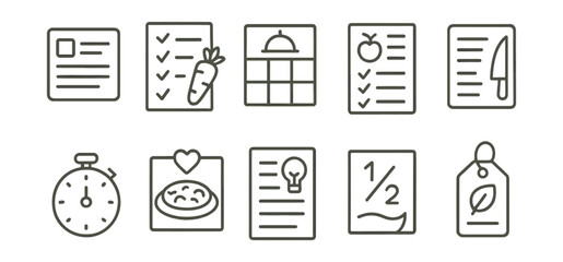 Nutrition and meal planning icon set - linear style for menu and diet design